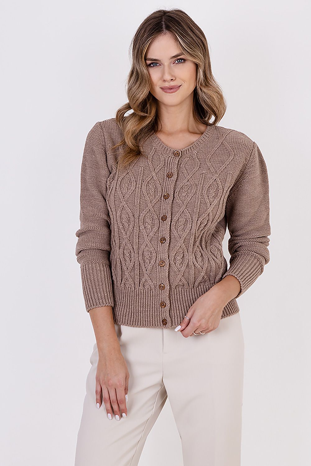 Elegante Hüftlange Strickjacke mit Rundhalsausschnitt und Zierweben