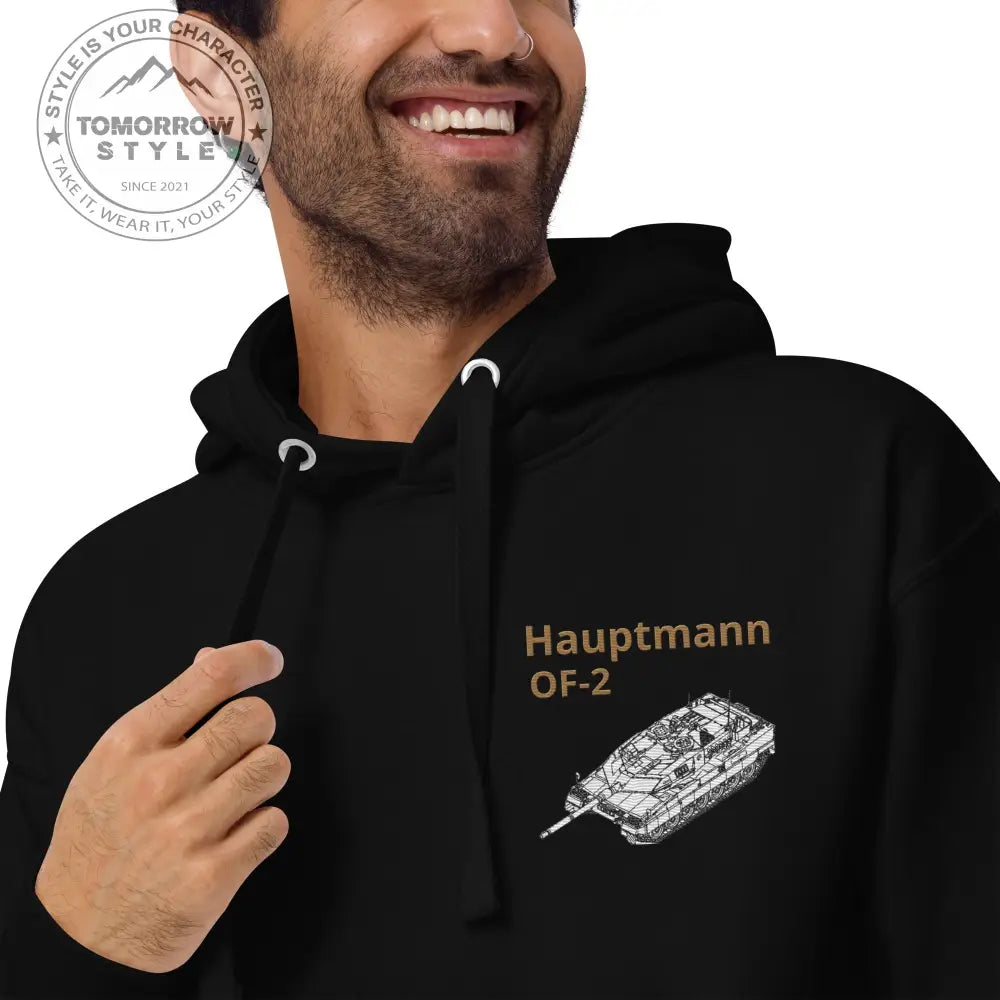 Bestickter Bundeswehrdienstgrad Hoodie (H) mit bedrucktem Leopardenpanzer auf der Rückseite für Damen und Herren - Tomorrow Style