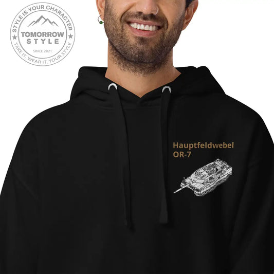Bestickter Bundeswehrdienstgrad Hoodie (HF) mit bedrucktem Leopardenmotiv Panzer hinten für Damen und Herren - Tomorrow Style