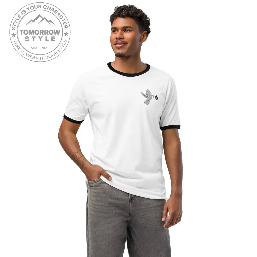 Besticktes Herren T-Shirt mit Friedensvogel und Palestine - Flagge - Tomorrow Style
