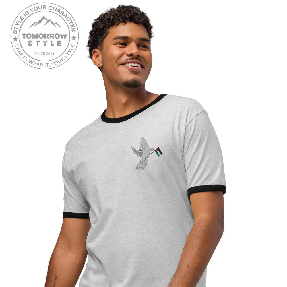 Besticktes Herren T-Shirt mit Friedensvogel und Palestine - Flagge - Tomorrow Style