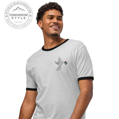 Besticktes Herren T-Shirt mit Friedensvogel und Palestine - Flagge - Tomorrow Style