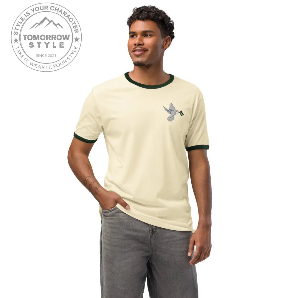 Besticktes Herren T-Shirt mit Friedensvogel und Palestine - Flagge - Tomorrow Style