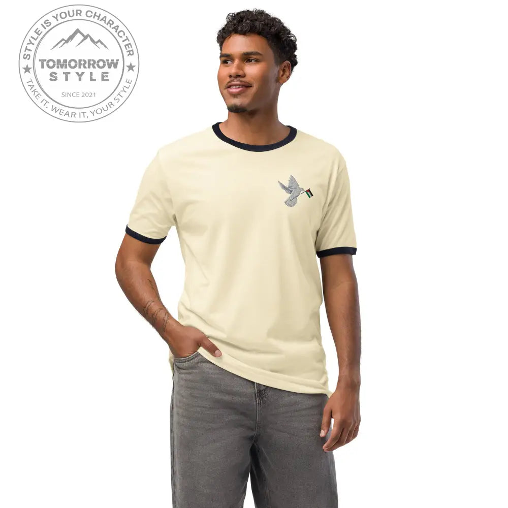 Besticktes Herren T-Shirt mit Friedensvogel und Palestine - Flagge - Tomorrow Style