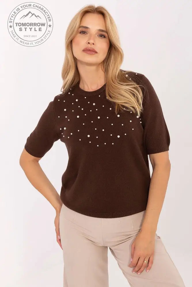 Damenpullover mit kurzen Ärmeln und Perlenapplikation – stilvoll für Alltag und Büro! - Tomorrow Style