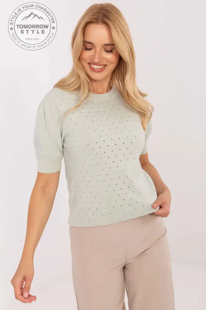 Eleganter Damenpullover mit Ballonärmeln und dekorativen Jet - Steinen – Stilvoll für Büro und Alltag - Tomorrow Style