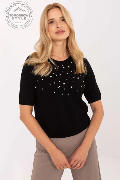 Eleganter Damenpullover mit kurzen Ärmeln und zarter Perlenapplikation – perfekt für Alltag und Büro! - Tomorrow Style
