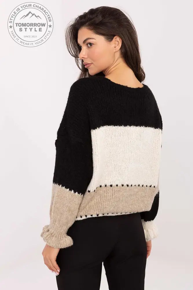 Gestreifte Damenstrickjacke mit V - Ausschnitt und Rüschenärmeln - Tomorrow Style