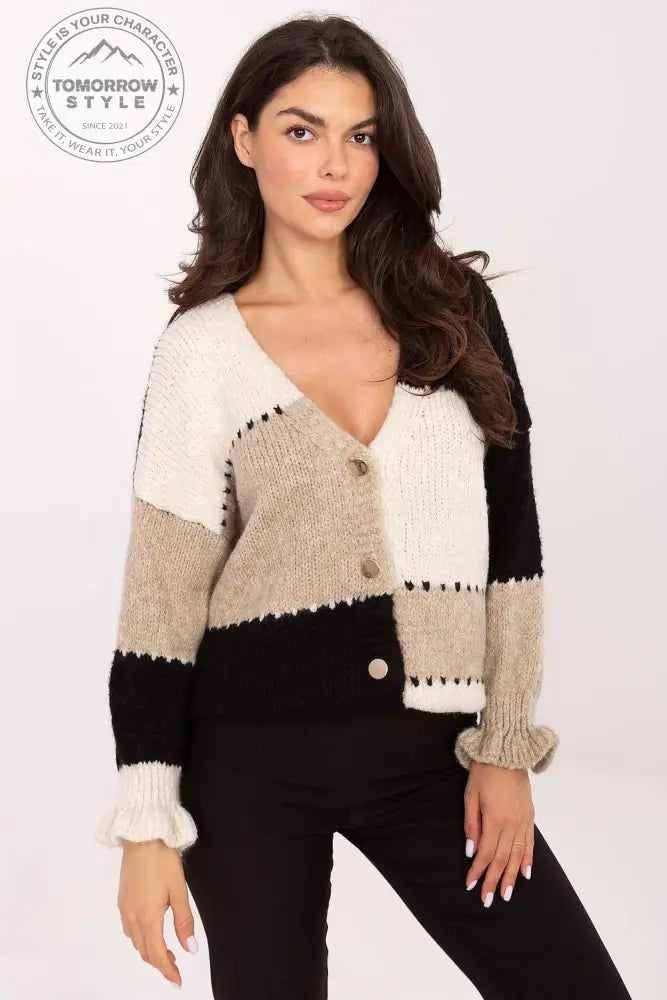 Gestreifte Damenstrickjacke mit V - Ausschnitt und Rüschenärmeln - Tomorrow Style