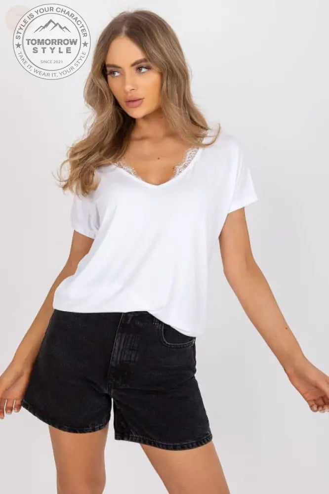 Lace Trim Damen T-Shirt - Kurze Ärmel & Serek Ausschnitt! - Tomorrow Style