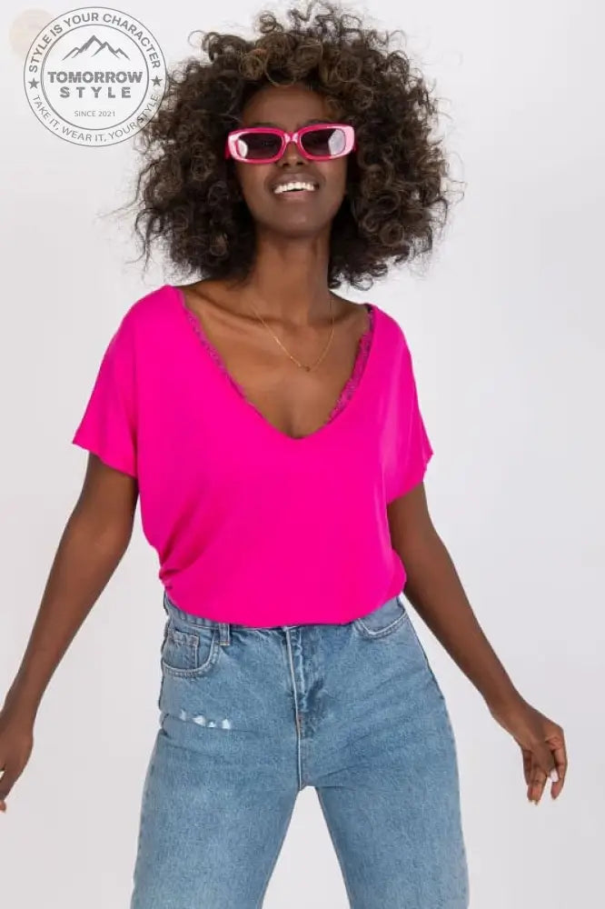 Lace Trim Damen T-Shirt - Kurze Ärmel & Serek Ausschnitt! - Tomorrow Style