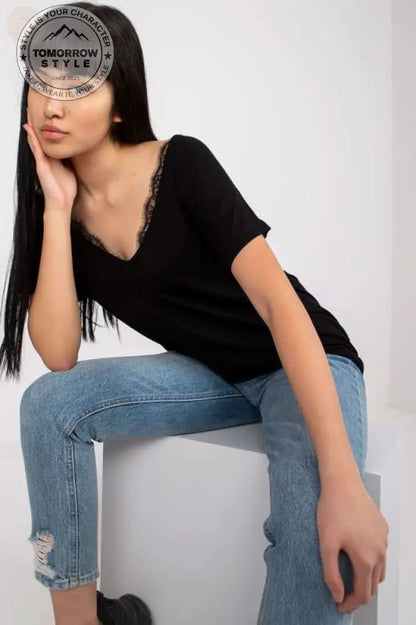 Lace Trim Damen T-Shirt - Kurze Ärmel & Serek Ausschnitt! - Tomorrow Style