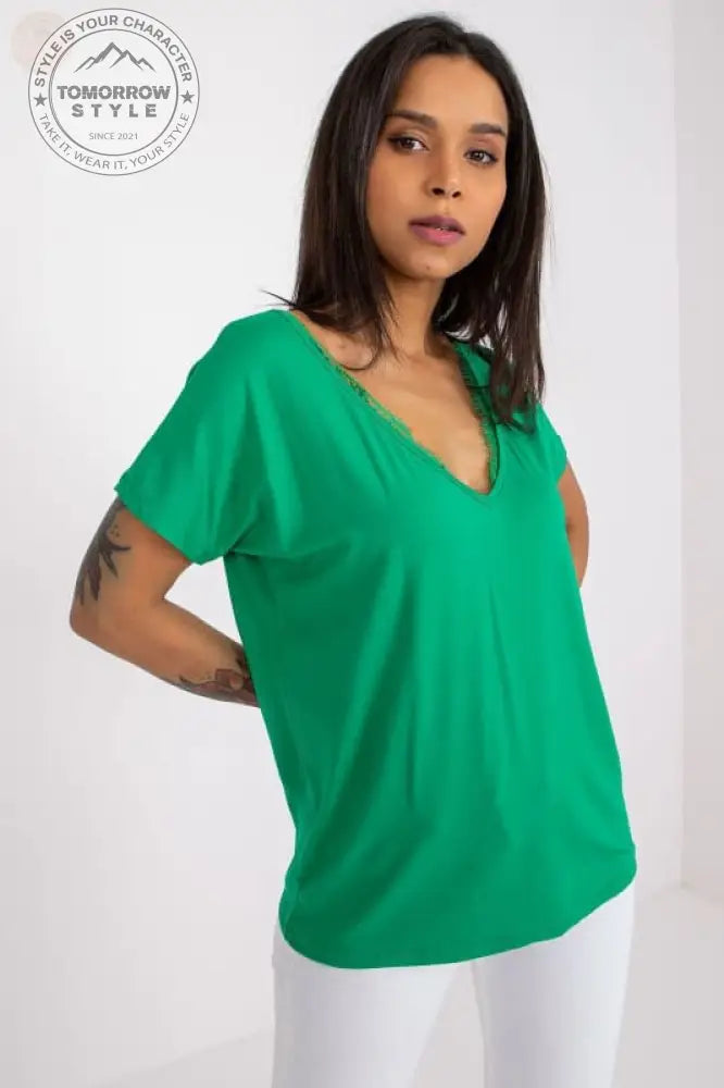 Lace Trim Damen T-Shirt - Kurze Ärmel & Serek Ausschnitt! - Tomorrow Style