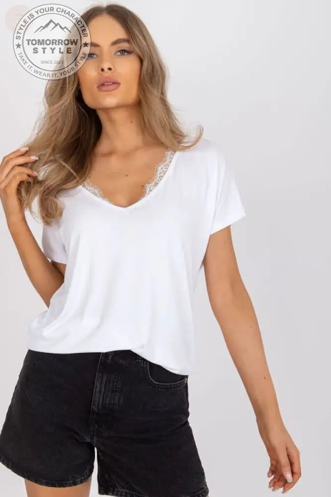 Lace Trim Damen T-Shirt - Kurze Ärmel & Serek Ausschnitt! - Tomorrow Style