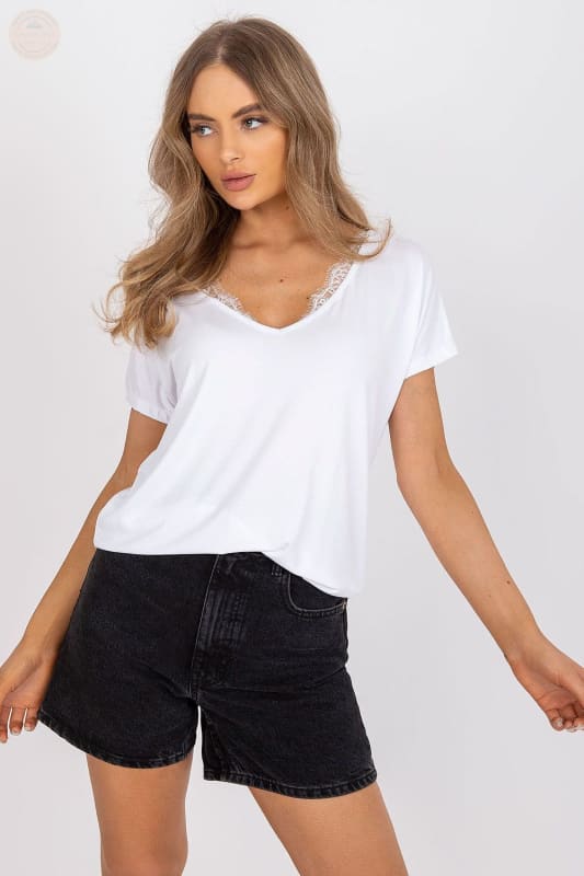 Lace Trim Damen T-Shirt - Kurze Ärmel & Serek Ausschnitt! - Tomorrow Style