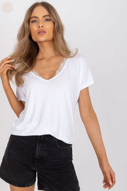 Lace Trim Damen T-Shirt - Kurze Ärmel & Serek Ausschnitt! - Tomorrow Style