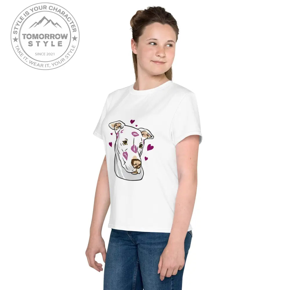 Mädchen Rundhals T-Shirt mit bedrucktem Hund und Herzen - Tomorrow Style