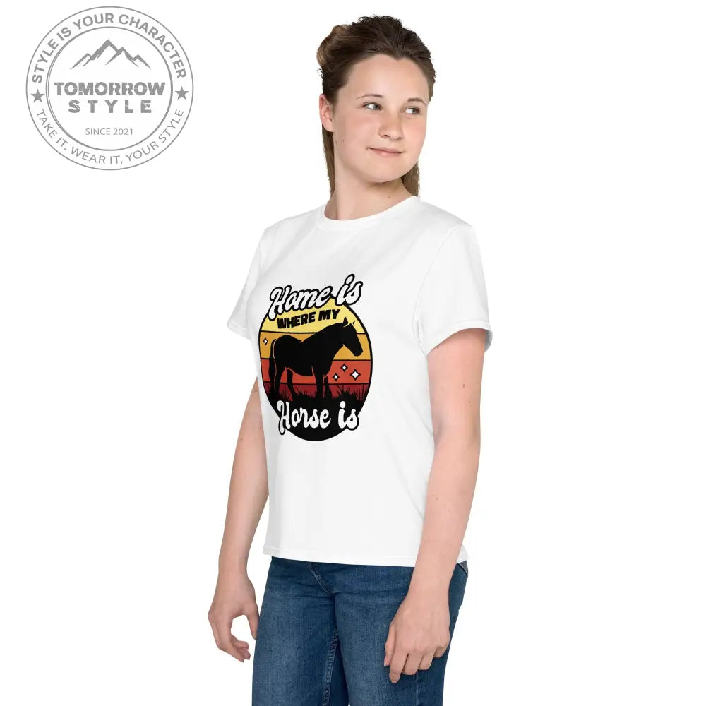Mädchen Rundhals T-Shirt mit bedrucktem Pferd - Motiv - Tomorrow Style