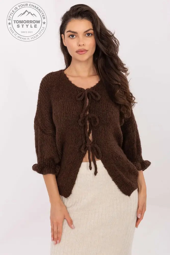 Minimalistische Damen Strickjacke mit 3/4 - Ärmeln und Bindung - Tomorrow Style