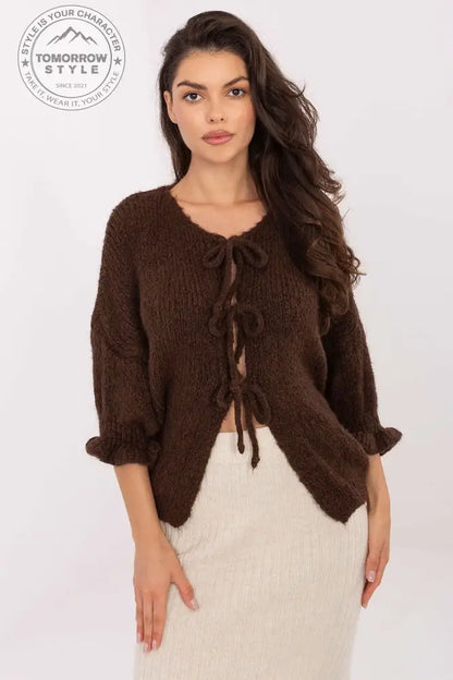 Minimalistische Damen Strickjacke mit 3/4 - Ärmeln und Bindung - Tomorrow Style